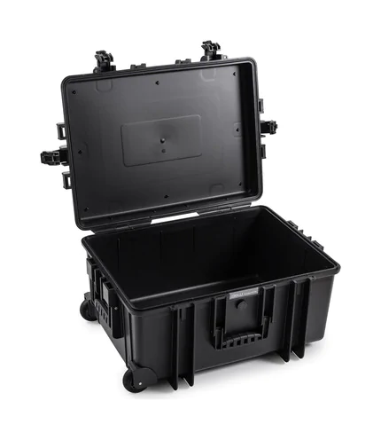 B&W Outdoor Case Type 6800 (PP.709) with Wheels: Black - Three-Quarter Front Open