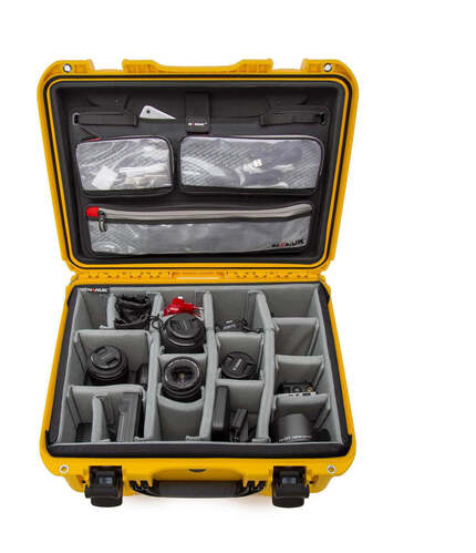 Nanuk 933 Waterproof Hard Case - Yellow - With padded divider set and lid organiser - View showing inside view of case
