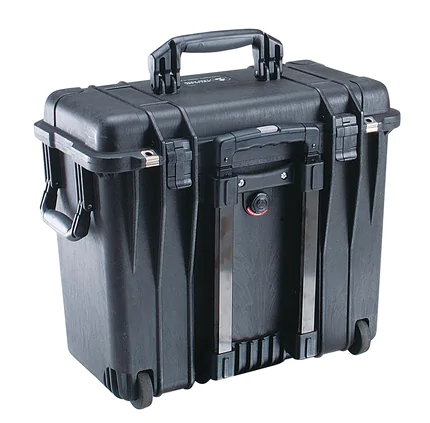 Peli 1440 Top-Loader Case - Black - Outside three-quarter rear view showing retractable handle full retracted