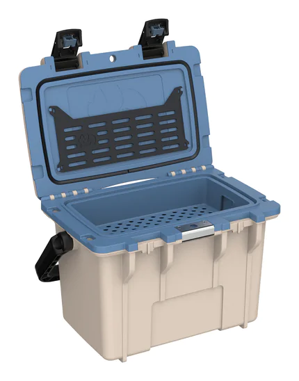 Peli 14QT Personal Cooler: Tan - Kashmir Blue Open