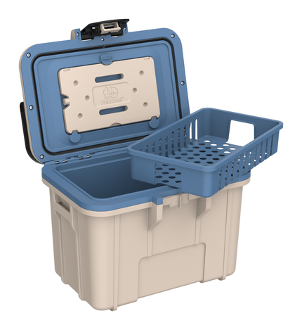 Peli 8QT Personal Cooler: Tan - Kashmir Blue Open