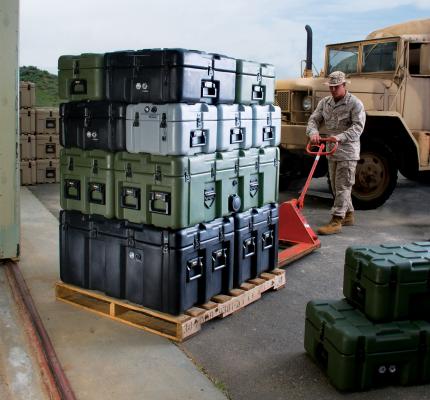 Peli ISP2 Rotomoulded Cases stacked on a Europallet