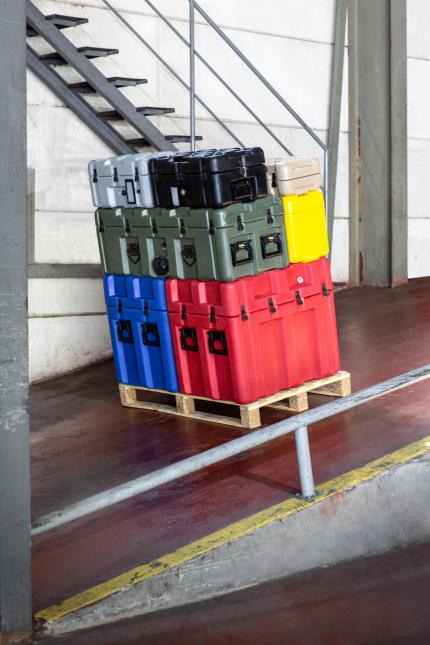 Peli ISP2 Rotomoulded Cases stacked on a Europallet on a slope