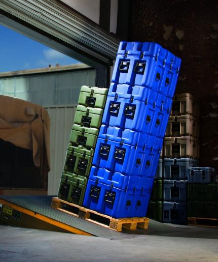 Peli ISP2 Rotomoulded Cases stacked on Europallet on a slope